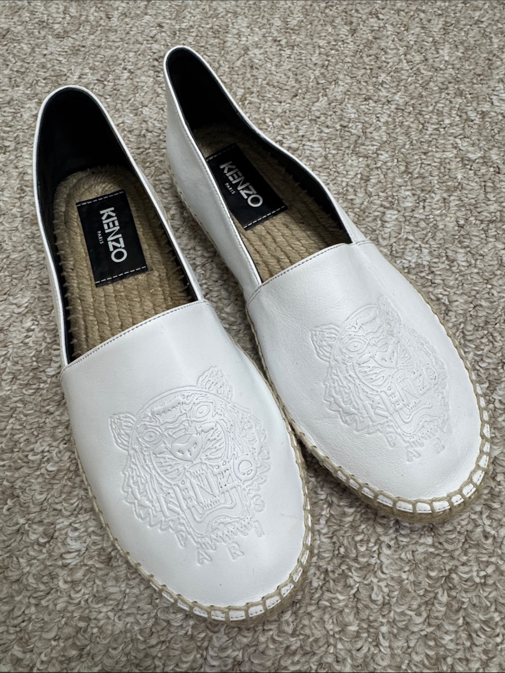 Kenzo White Leather Tiger Embossed Espadrilles